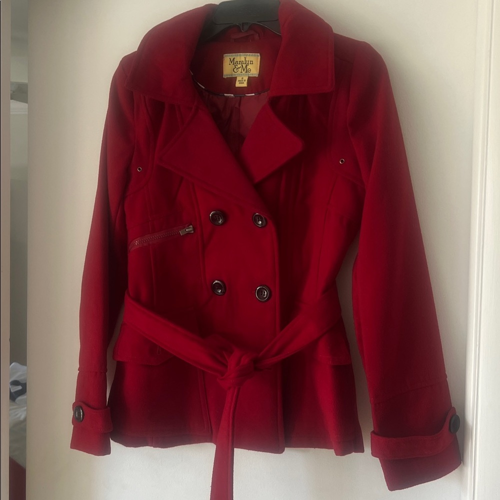 Maralyn & Me Women’s Small Red Peacoat Fitted Double-Breasted Removable Hood